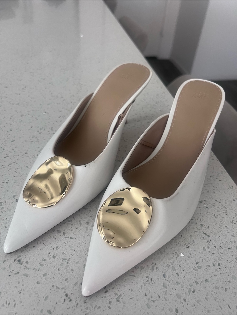 H&M White Pointed-Toe Mules with Gold Disc
